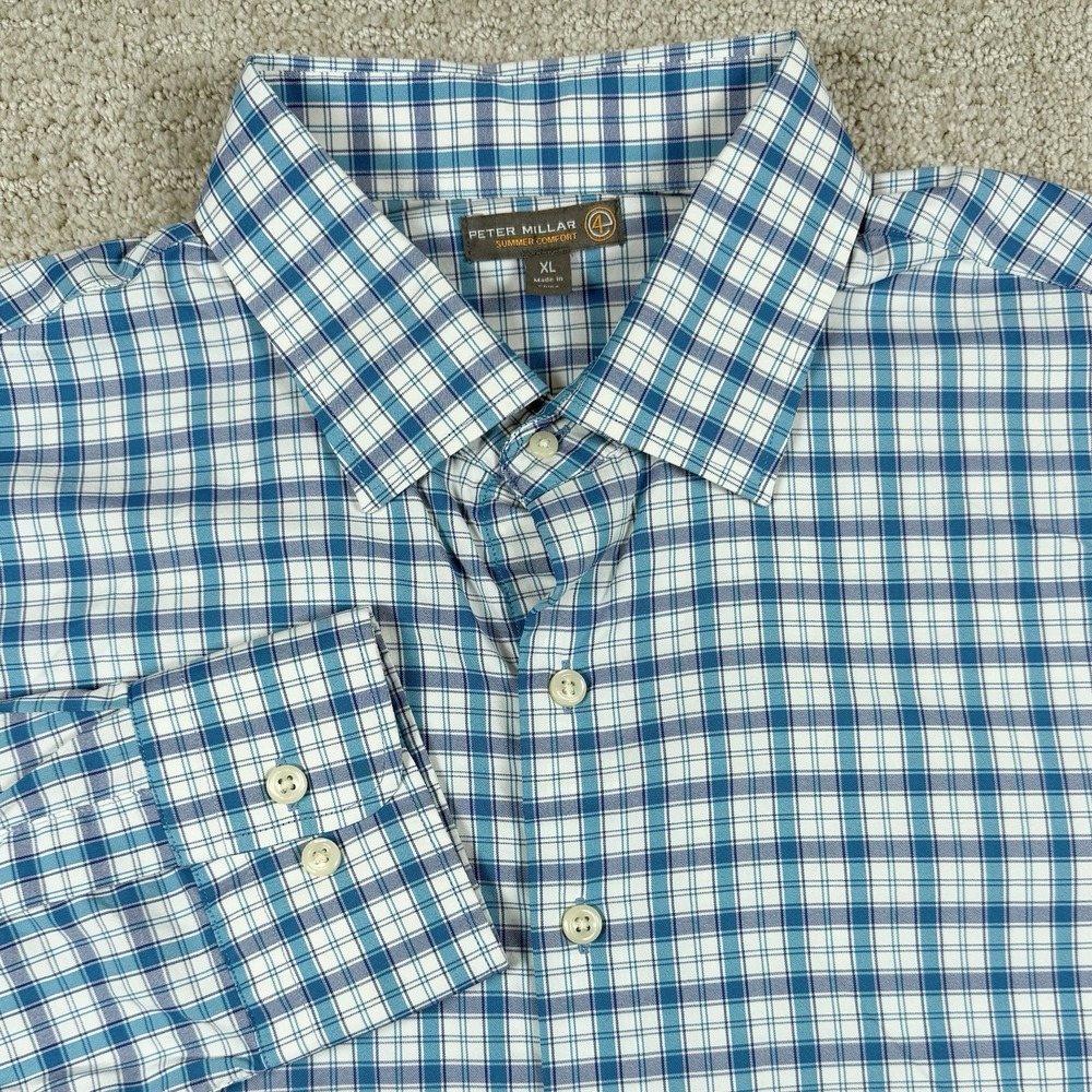 Peter Millar Mens XL Summer Comfort Blue Plaid Long Sleeve Button Up Shirt